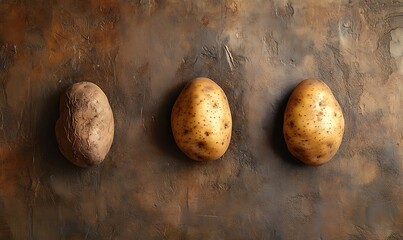 Wall Mural - Three Potatoes Arranged in a Row on Brown Surface