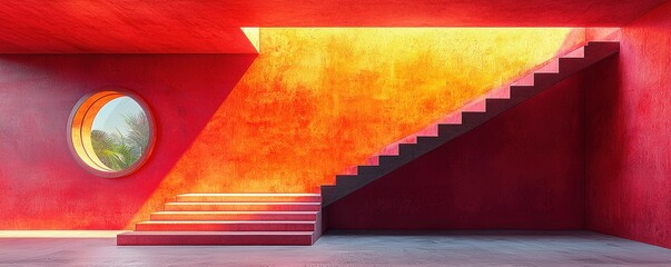 Poster - Modern architectural interior with vibrant red and orange geometric design