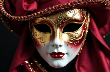 Wall Mural - Beautiful carnival mask red with gold is left on blurred festive background 