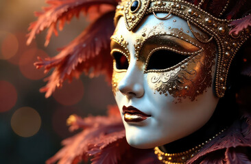 Wall Mural - Beautiful carnival mask silver with gold is left on blurred festive background 