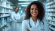 © svastix - A smiling female doctor stands confidently in a hospital pharmacy, embodying professionalism and dedication in a medical environment, ready to assist patients.