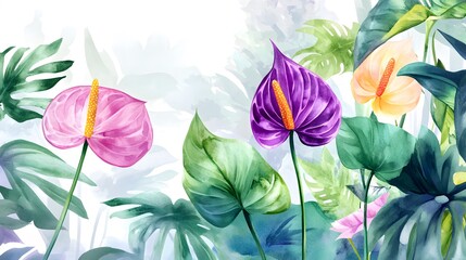 Poster - 10 Tropical watercolor flowers with greenery, including a purple Anthurium plant, summer-inspired clipart