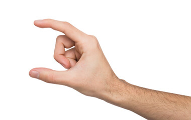 Male hand measuring invisible items, man's palm making gesture while showing small amount of something on white isolated background, side view, close-up, cutout, copy space