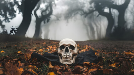 Skull amidst fog on a dark Halloween background - realistic mist on a black surface.