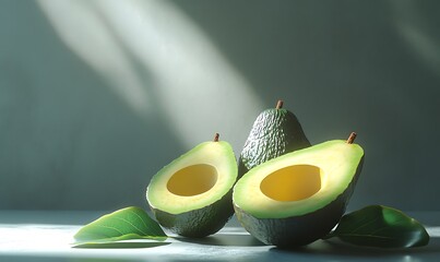 Wall Mural - Two Halved Avocados and One Whole Avocado with Leaves