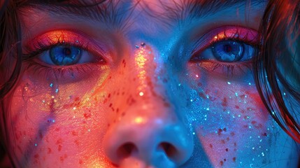 Wall Mural - Close-up of a face with vibrant makeup and glitter, emphasizing eyes and artistic expression.