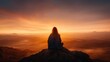 © svastix - A solitary woman sits on a mountaintop at sunrise, reflecting on life and embracing the beauty of nature, showcasing serene colors and tranquil scenery.