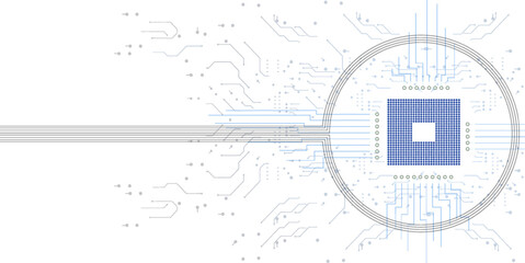 Poster - Graphic representation of a microchip connected with circuit pathways radiating outward.