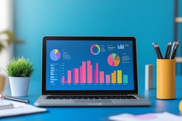 Poster - Vibrant minimalist data visualization on laptop amidst trendy office elements and decor