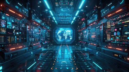 Poster - Futuristic control room with digital displays and a world map.