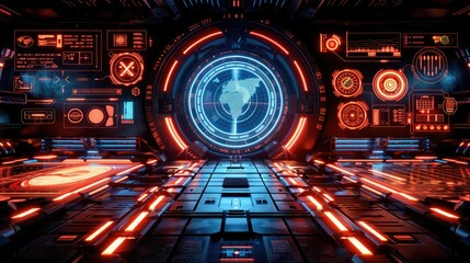 Poster - Futuristic control room with glowing interfaces and a central globe display.