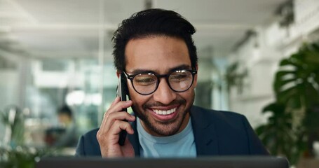 Poster - Talking, phone call and Asian businessman on laptop in office as accountant in financial company. Glasses, face or mobile communication for online project, portfolio management and investment banking