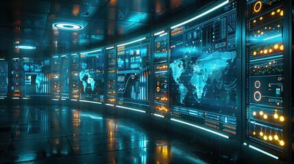 Poster - Futuristic control room with glowing screens displaying data and a world map.
