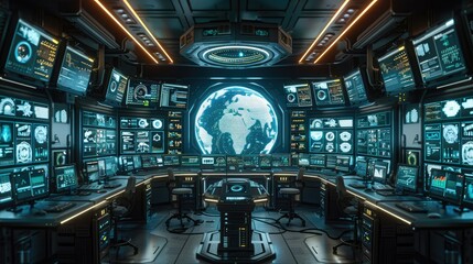 Poster - Futuristic control room with multiple screens displaying data and a globe.