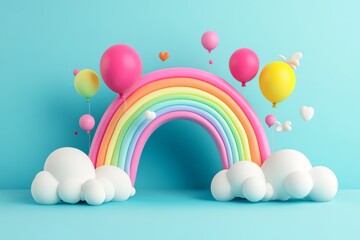 Poster - Abstract 3d rainbow surrounded by clouds and colorful balloons in generative ai illustration