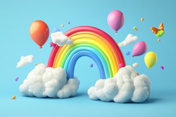 Poster - Vibrant abstract 3d rainbow surrounded by whimsical clouds and colorful balloons