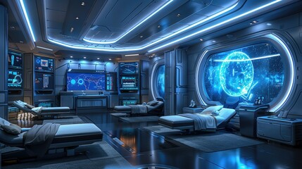 Poster - Futuristic space station interior with advanced technology and a view of a celestial body.