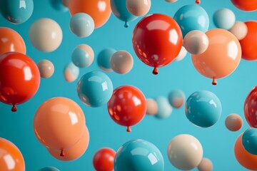 Poster - Vibrant coral, orange, and turquoise balloons ascend for a modern birthday celebration
