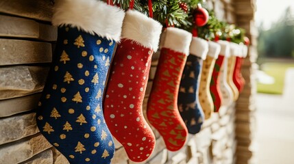 Wall Mural - Seasonal Decorations Christmas stockings - Decorative stockings hung for Santa to fill on Christmas Eve Isolated solo on plain background