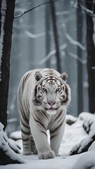 white tiger with black and white stripes roaming in a white snow forest during the cold winter seaso