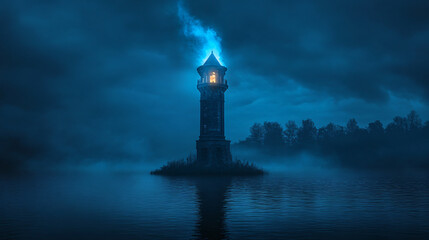 Wall Mural - An abandoned lakeside tower, blue and white flames licking the spire, casting a haunting light on the water below.