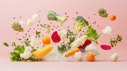 Colorful vegetables and fruits exploding against a pink background, showcasing freshness.