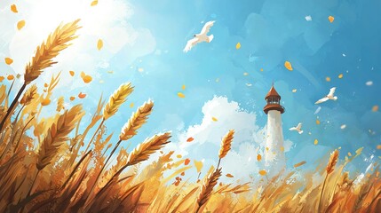 Wall Mural - a lighthouse stands tall in a wheat field, with birds soaring overhead in the sky behind it