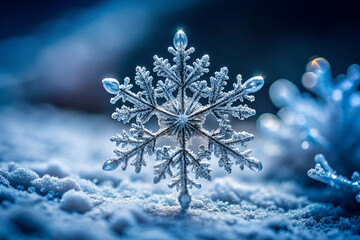 Sticker - A close-up of a delicate snowflake resting on a snowy surface, showcasing intricate patterns and a cool blue background.