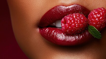 Wall Mural -  Raspberries on Lips, Green Leaf Extending