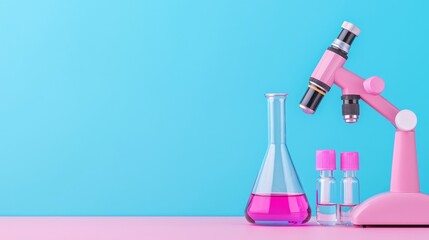 Poster - Glass beakers and test tubes containing vibrant liquids rest on a reflective surface, illuminated by pink and blue light, AI generative.