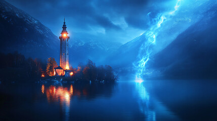 Wall Mural - An isolated tower by the lake, glowing with blue and white flames, casting supernatural light that dances on the water’s surface.