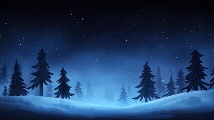 Wall Mural -   A serene winter landscape featuring towering pines in the foreground and glistening stars overhead on a snow-covered terrain