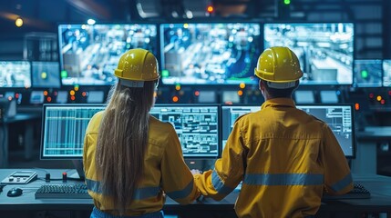 Poster - Two workers monitor multiple screens in a control room, focusing on operational data.