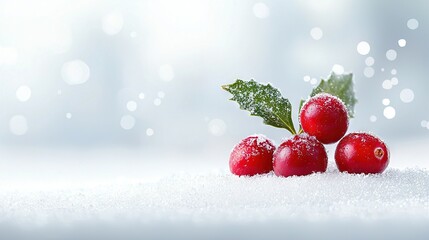 Wall Mural -   Three cherries on snow with a green leaf