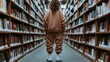 © svastix - A young individual in a loose brown tracksuit walks between endless library bookshelves, embodying both the quest for knowledge and the beauty of introspective solitude.