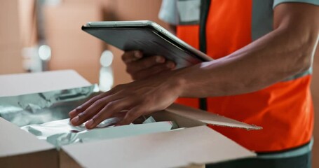 Aufkleber - Inventory, boxes and hands of man with tablet for logistics, delivery and warehouse for supply chain distribution. Shipping, package and courier worker with digital app for online stock checklist
