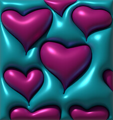 Aufkleber - Inflated pink hearts with shiny soft surface on blue background, 3D rendering illustration