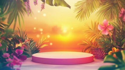 Wall Mural - tropical sunset floral display with pink podium