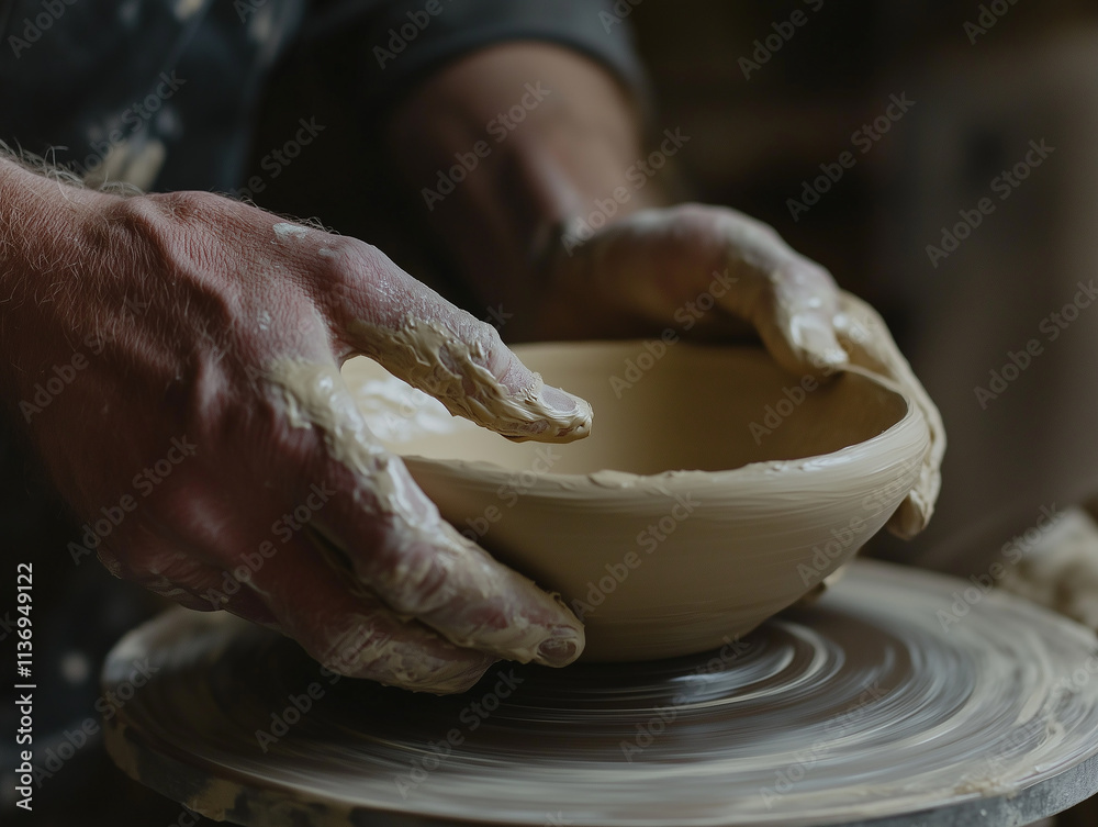 Crafting a ceramic bowl on a pottery wheel in a workshop, capturing the ...