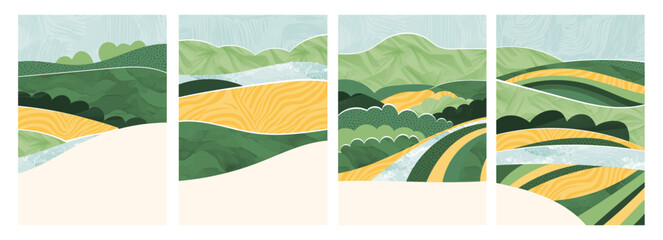 Wall Mural - abstract background collage with nature design, vector pattern, green field, mountain, rice, tea, or
