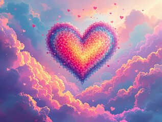 Poster - Floating heart, a kaleidoscope of color against a dreamy cloud backdrop.