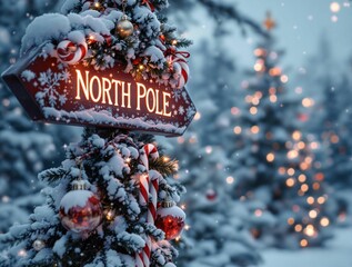 Aufkleber - A weathered wooden sign, pointing towards the North Pole, amidst a snowy Christmas wonderland.