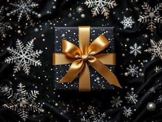 Aufkleber - A luxurious black gift box, adorned with gold ribbon and glitter, sits amidst a flurry of snowflakes.