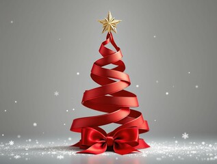 Aufkleber - Elegant red ribbon forms a Christmas tree shape.