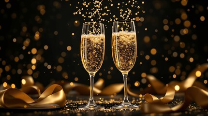 Poster - Two glasses of celebratory champagne, effervescent and festive.