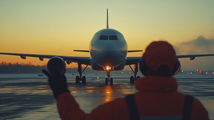 A ground crew member signals an aircraft at sunset on an airport runway.