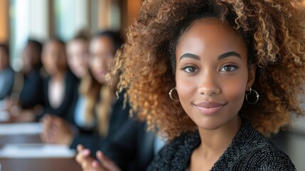 Poster - A confident woman in business attire engages in a meeting with colleagues in the background.