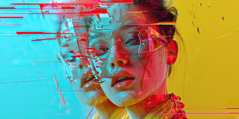 Poster - Digital Glitch Portrait with Cyan, Red, and Yellow Color Palette