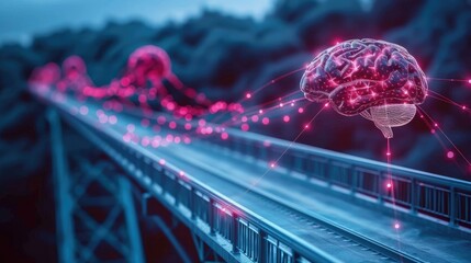 Poster - A digital brain connected by lines of light on a bridge, symbolizing technology and intelligence.