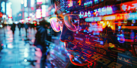 Digital Overlay of Person in City Nightscape